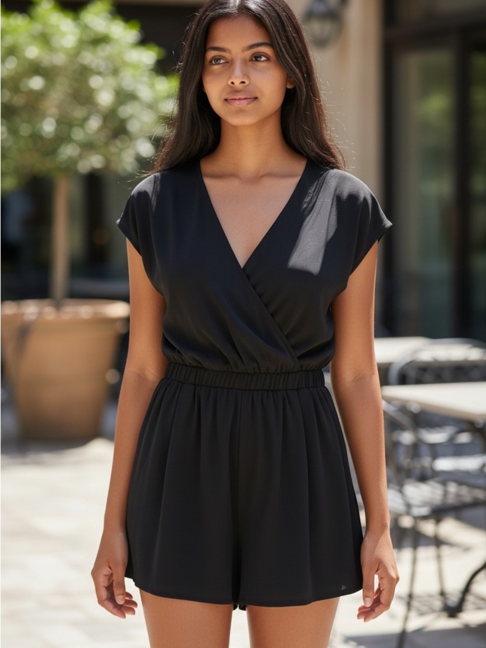 Halara Women’s Black Surplice V-Neck Short Sleeve Romper Size M NWT